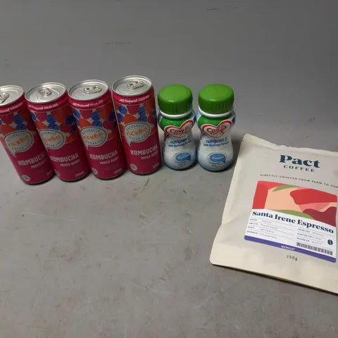 LOT OF APPROXMATELY 8 ITEMS TO INCLUDE - KOMBUCHA MIXED BERRY, PACT COFFEE, AND NUTRIPREM 2 ETC.