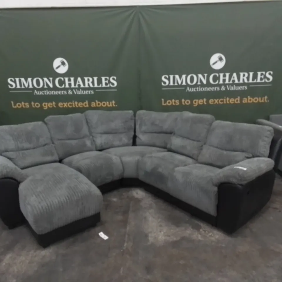 DESIGNER GREY LINED FABRIC CHAISE CORNER SOFA WITH BLACK FAUX LEATHER TRIM 