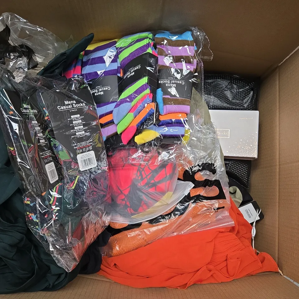 LARGE BOX OF ASSORTED CLOTHING ITEMS IN VARIOUS SIZES, STYLES AND COLOUR 