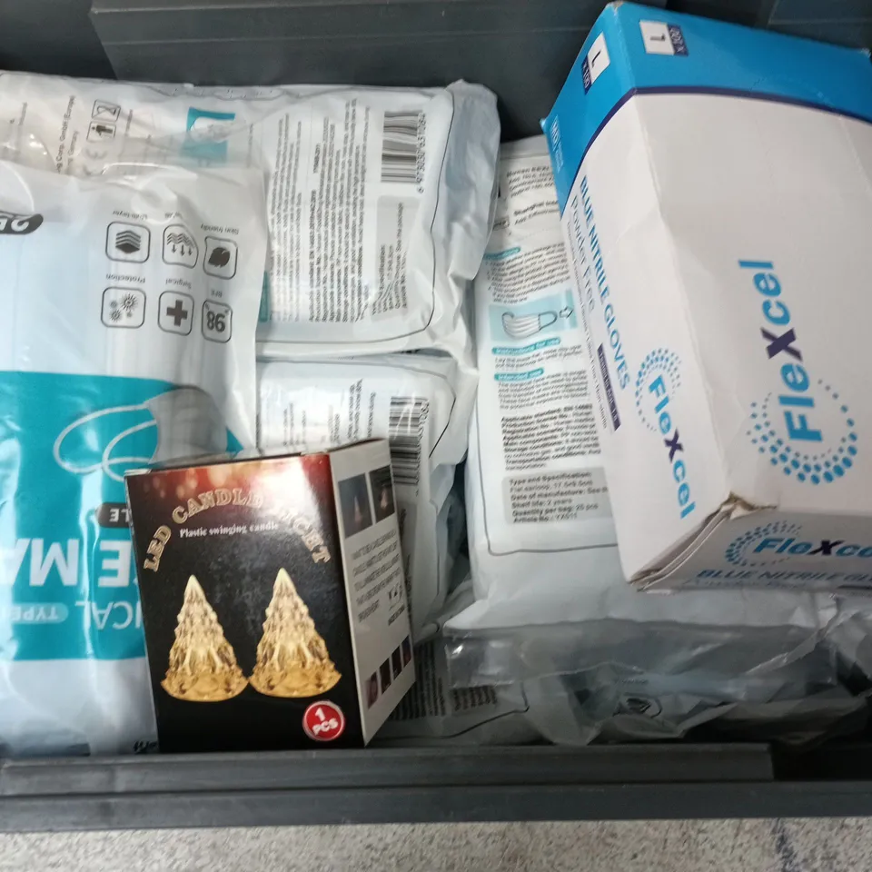 APPROXIMATELY 12 ASSORTED HOUSEHOLD ITEMS TO INCLUDE BLUE NITRILE GLOVES, FACE MASKS, LED CANDLE LIGHT, ETC