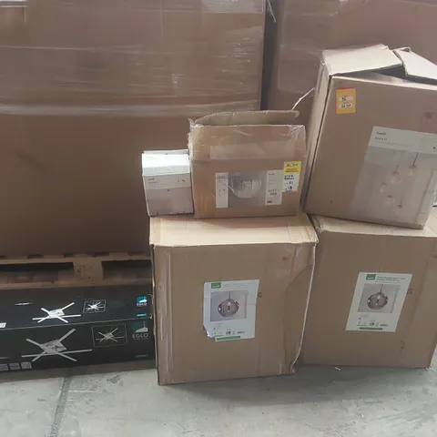 PALLET CONTAINING A VERY LARGE QUANTITY OF ASSORTED DESIGNER LIGHTING PRODUCTS INCLUDING: LED CEILING LIGHT, PENDANT LIGHTS, CLUSTER LIGHT, WALL LIGHT ECT