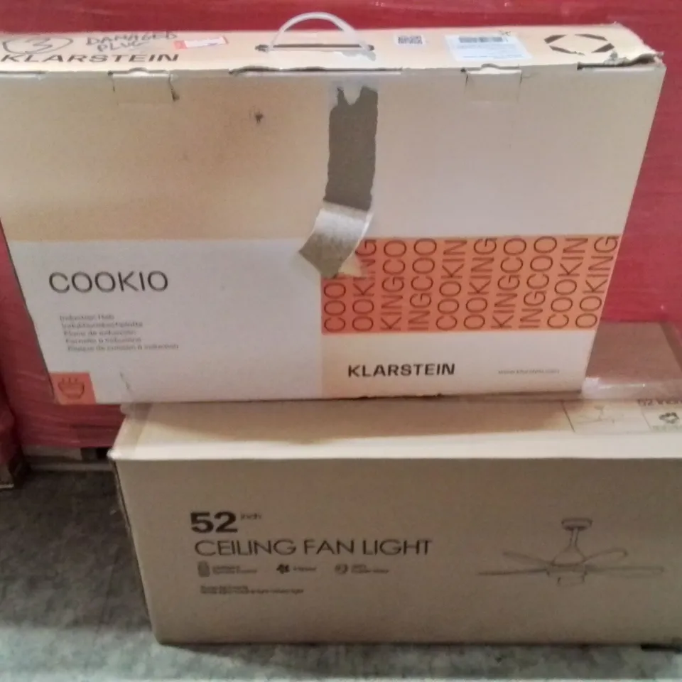 PALLET CONTAINING VARIOUS ASSORTED BOXED HOUSEHOLD ITEMS TO INCLUDE: INDUCTION HOB, CEILING FAN LIGHT, HOUSEHOLD OVEN, JUICER AND LOTS MORE UNMARKED BOXED ITEMS 