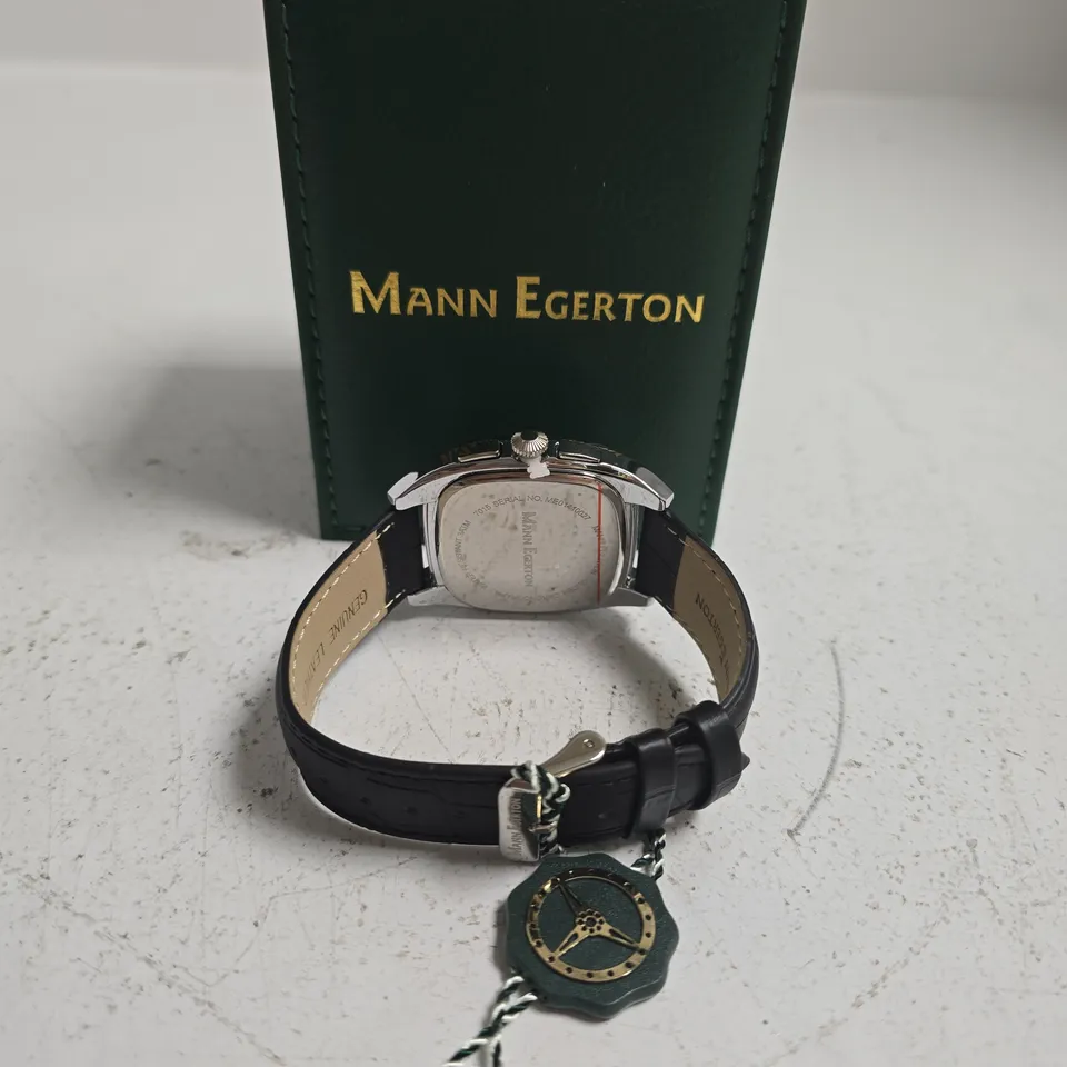 MANN EGERTON WRISTWATCH WITH RED CHRONOGRAPH DIAL, LEATHER STRAP, IN GREEN PRESENTATION BOX