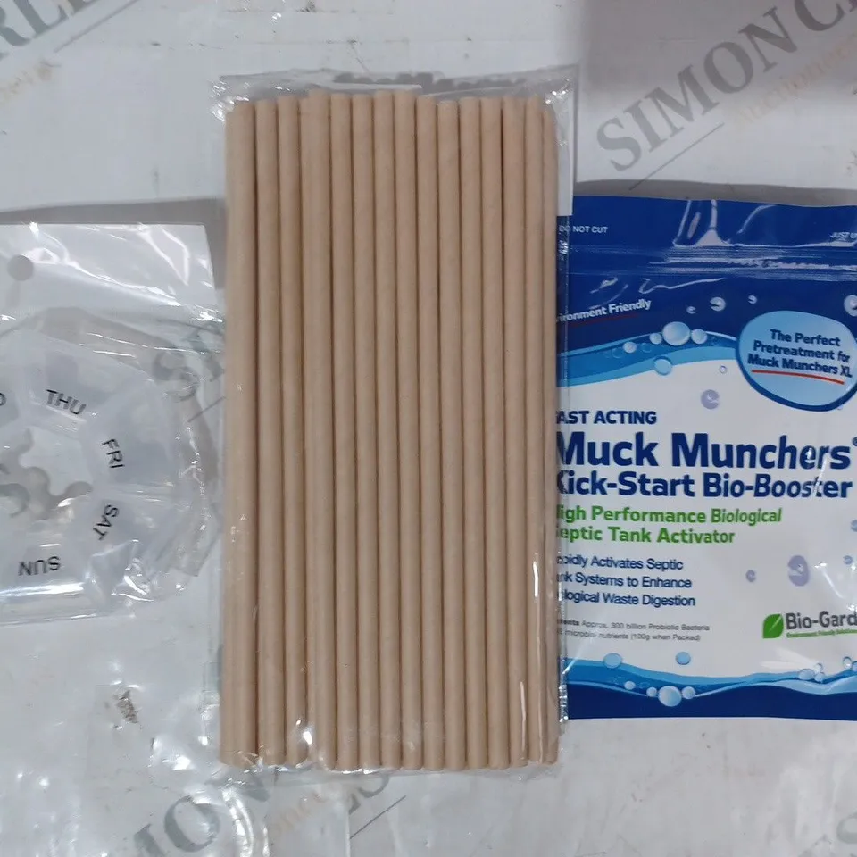 APPROXIMATELY 10 ASSORTED HOUSEHOLD ITEMS TO INCLUDE MUCK MUNCHERS KICK-START BIO-BOOSTER, PACK OF PAPER STRAWS, PILL CADDY, ETC