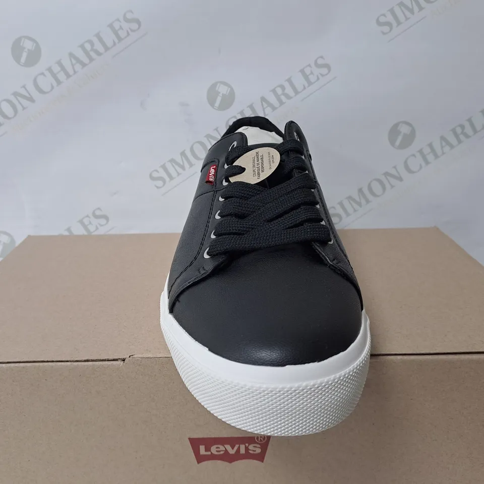 BOXED PAIR OF LEVI WOODWARD BLACK TRAINERS - SIZE 8