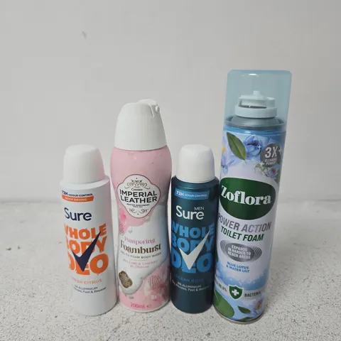 APPROXIMATELY 16 ASSORTED AEROSOLS TO INCLUDE ZOFLORA TOILET FOAM, SURE WHOLE BODY DEO, IMPERIAL LEATHER FOAMBURST, ETC - COLLECTION ONLY