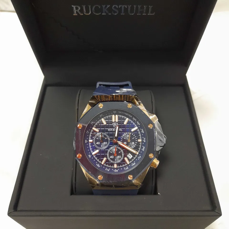 RUCKSTUHL OCTAGONAL FACE STUD BLUE RUBBER STRAP WATCH