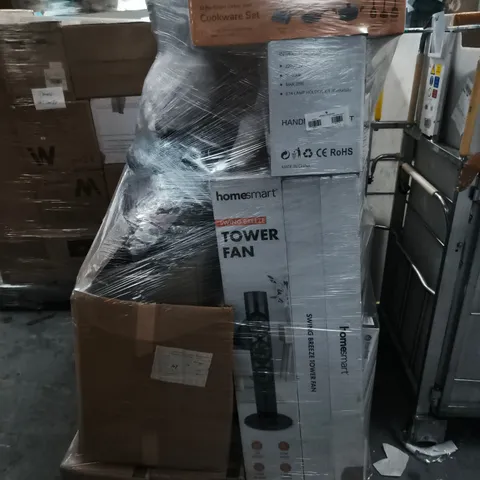 PALLET CONTAINING LARGE QUANTITY OF HOUSEHOLD ITEMS TOO INCLUDE TOWER FANS AND COOKWARE SETS ,ETC 