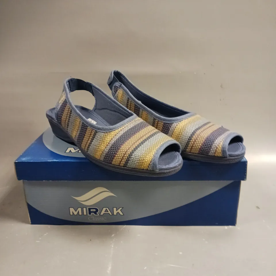 BOXED PAIR OF MIRAK CLASSIC OPEN TOE SLIP ON SANDLES IN BLUE - SIZE 6
