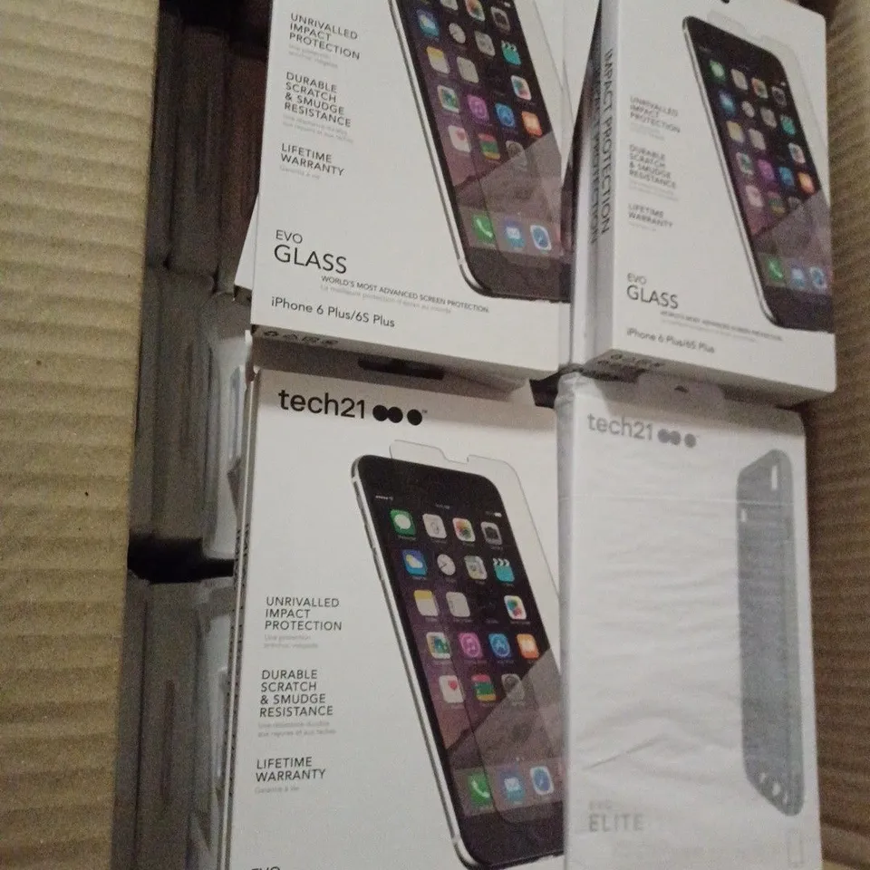 APPROXIMATELY 77 ASSORTED BRAND NEW BOXED ELECTRICAL CASES TO INCLUDE; TECH21 EVO GLASS IPHONE 6 PLUS / 6S PLUS SCREEN PROTECTOR & TECH21 EVO ELITE SCRATCH RESISTANT IPHONE 6 PLUS CASE