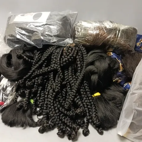 APPROXIMATELY 6 WIGS AND HAIR EXSTENSIONS IN VARIOUS STYLES AND COLOURS