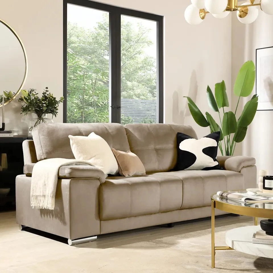 BOXED KANSAS 3 SEATER SOFA, CHAMPAGNE CLASSIC VELVET (1 BOX)