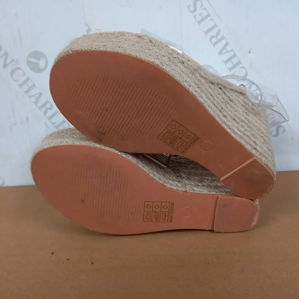 BOXED PAIR OF PRETTY LITTLE THINGS WEDGES (BEIGE, ACRYLIC), SIZE 3 UK