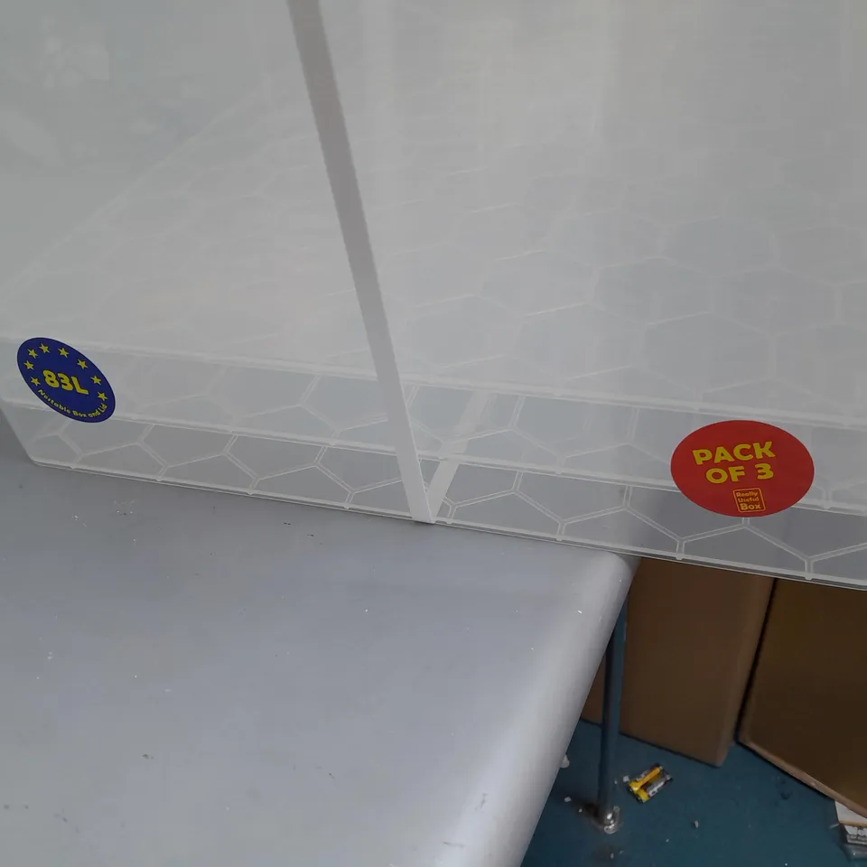 THREE 83L PLASTIC CRATES WITH LIDS
