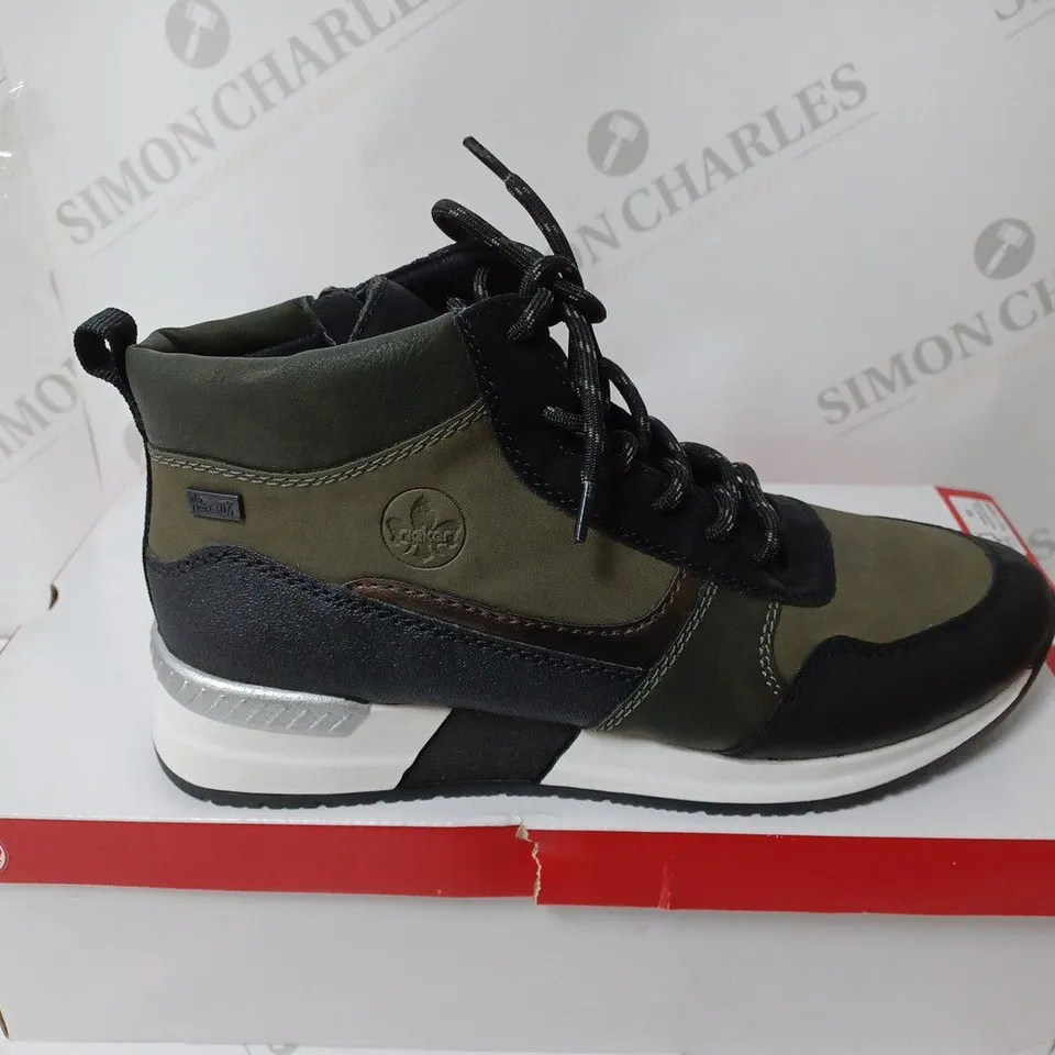 BOXED PAIR OF RIEKER HIGH TOP TRAINER BOOTS, KHAKI - SIZE 6