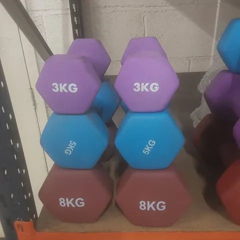 SET OF 6 KAYMAN DUMBBELLS - COLOURS VARY // 2 X 3KG, 5KG, 8KG