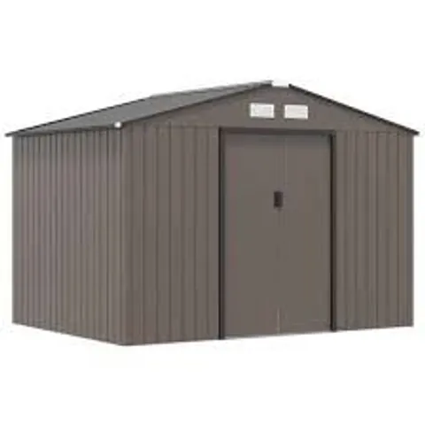 BOXED OUTSUNNY 9 X 6FT METAL GARDEN SHED, OUTDOOR STORAGE TOOL HOUSE WITH VENTILATION SLOTS, FOUNDATION KIT AND LOCKABLE DOUBLE DOORS, BROWN (3 BOXES)