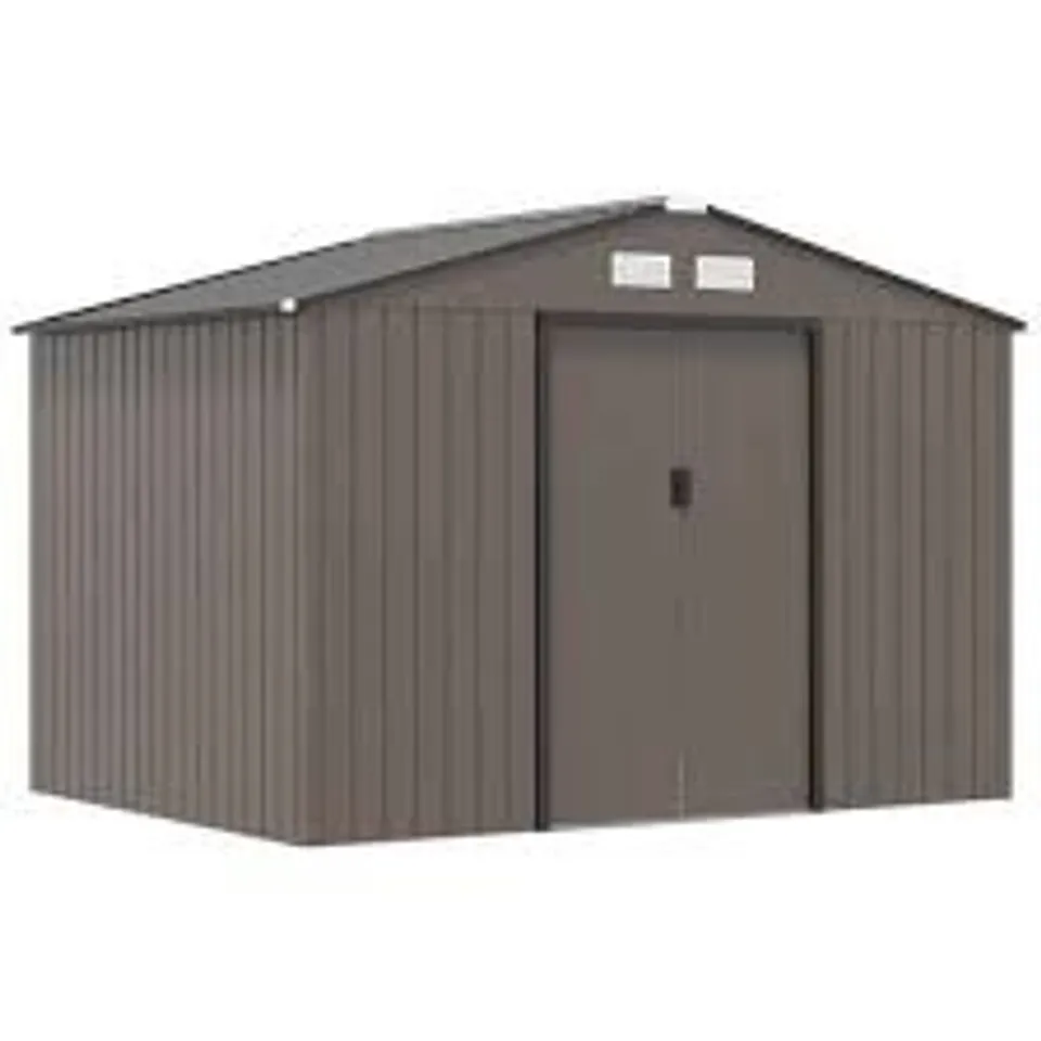 BOXED OUTSUNNY 9 X 6FT METAL GARDEN SHED, OUTDOOR STORAGE TOOL HOUSE WITH VENTILATION SLOTS, FOUNDATION KIT AND LOCKABLE DOUBLE DOORS, BROWN (3 BOXES)