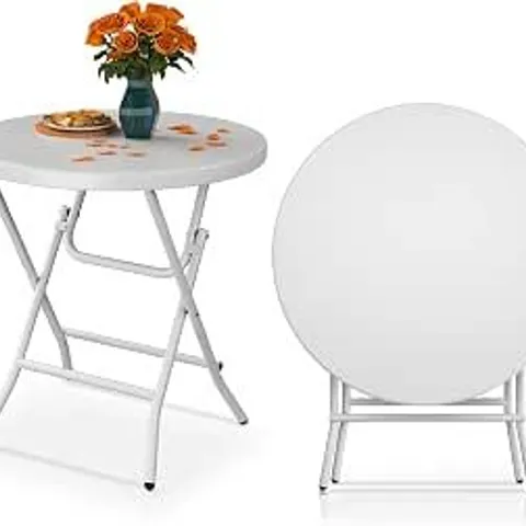 BOXED YITAHOME 80 CM GARDEN ROUND FOLDING TABLE, WEATHERPROOF FOR OUTDOOR PARTY, BEACH, BBQ, WITH RUSTPROOF METAL FRAME, 80Γ80Γ74 CM, WHITE