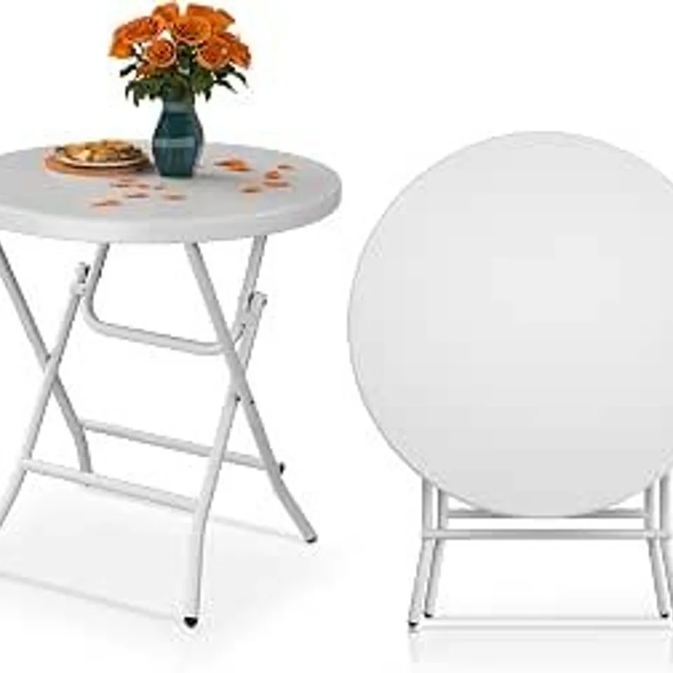 BOXED YITAHOME 80 CM GARDEN ROUND FOLDING TABLE, WEATHERPROOF FOR OUTDOOR PARTY, BEACH, BBQ, WITH RUSTPROOF METAL FRAME, 80×80×74 CM, WHITE