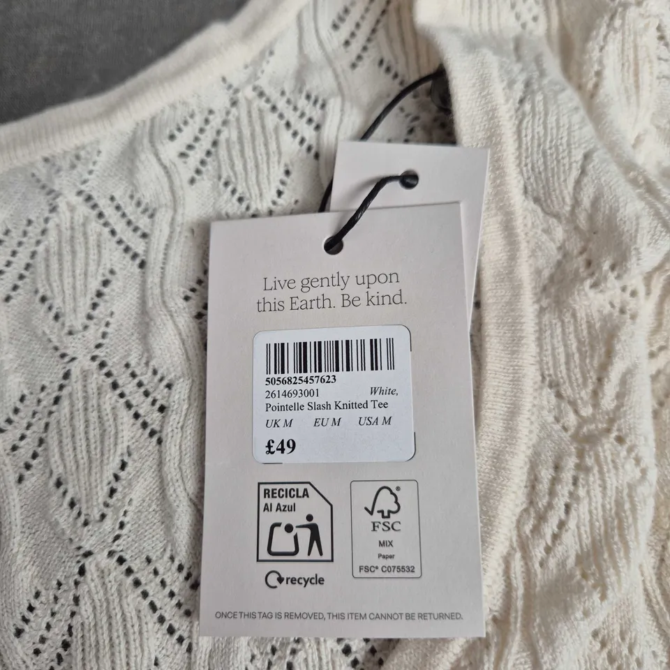 NODODYS CHILD - White Pointelle Slash Knitted Tee SIZE M