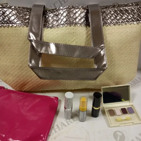 ELIZABETH ARDEN COOL PALETTE MINI MAKEUP SET IN BEIGE / GOLD SATCHEL PREVAGE ANTI AGING MOISTURIZER 0.17 OZ, EXCEPTIONAL LIPSTICK WINTERBERRY .14 OZ, BEAUTIFUL COLOR COLOR PALETTE 0.077 OZ.