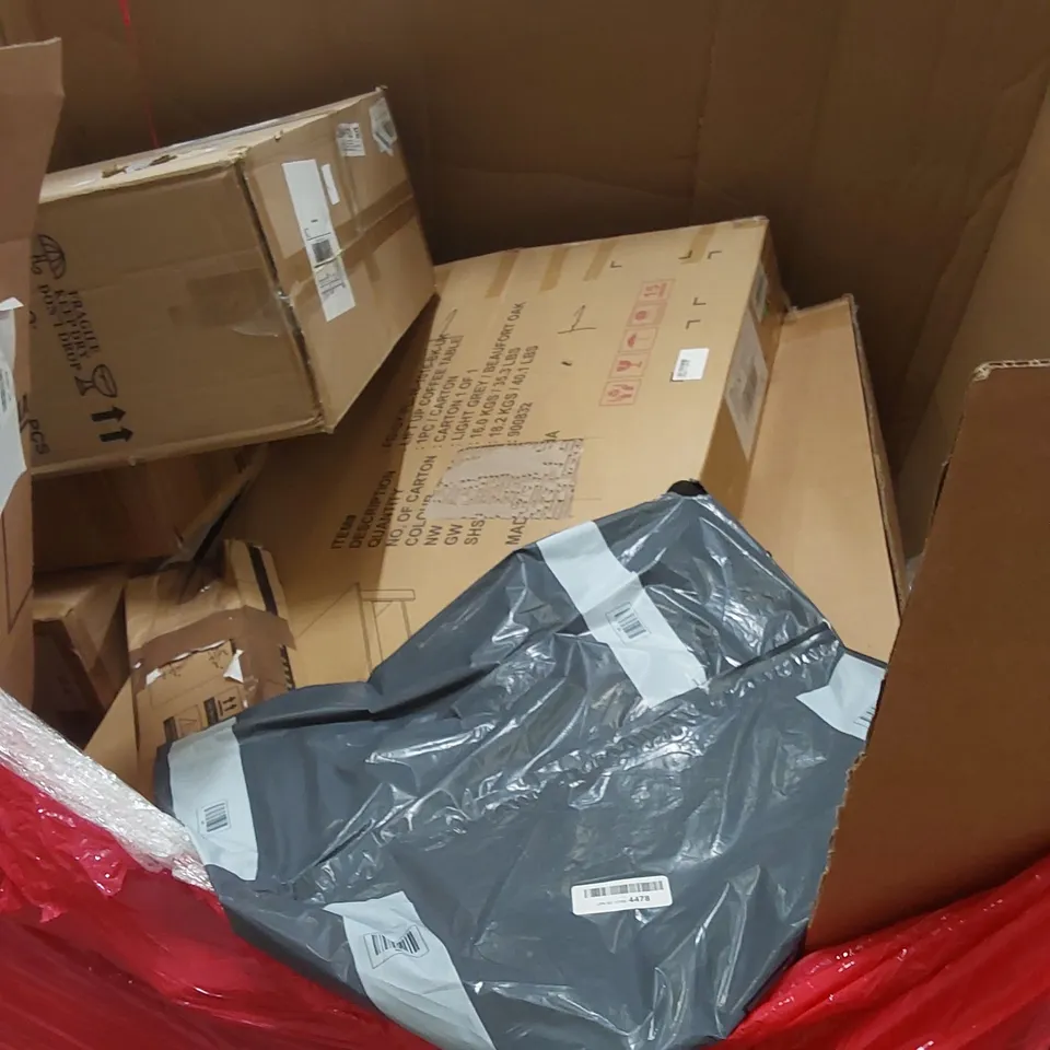 PALLET OF ASSORTED HOUSEHOLD ITEMS AND CONSUMER PRODUCTS TO INCLUDE; KIDS PINK BICYCLE, GAMING/OFFICE CHAIR, NIGHTSTAND, TOILET SEAT, COFFEE TABLE ETC