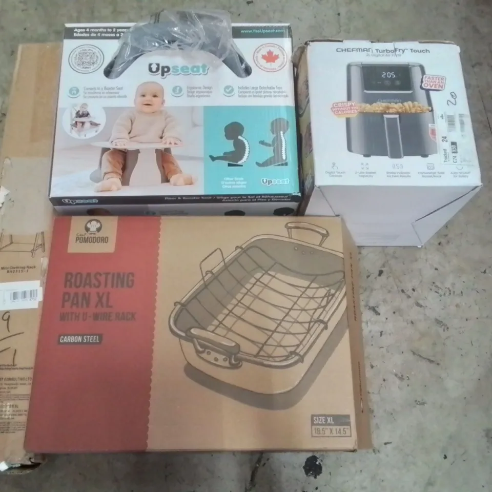 PALLET CONTAINING ASSORTED PRODUCTS INCLUDING MINI CLOTHING RACK, ROASTING PAN XL, DIGITAL AIR FRYER & UPSEAT BOOSTER SEAT