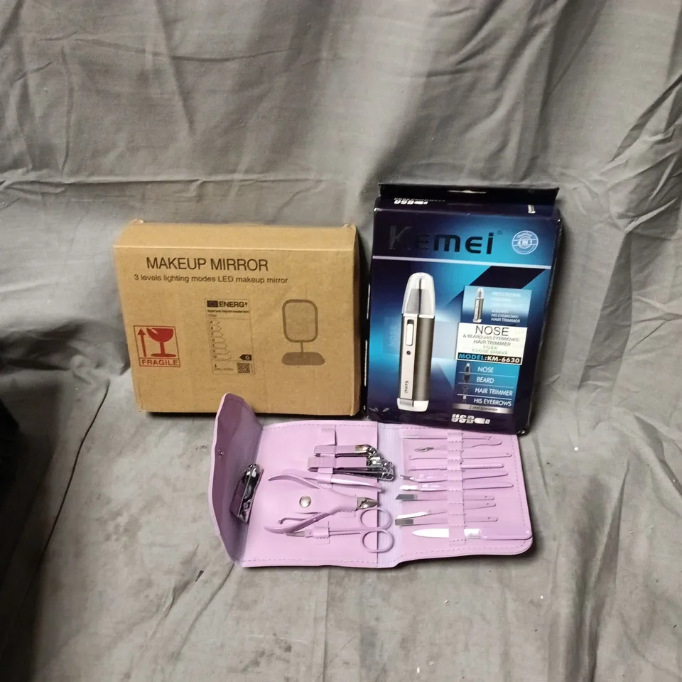 APPROXIMATELY 15 ASSORTED HEALTH AND BEAUTY ITEMS INCLUDING KEMEL NOSE HAIR TRIMMER, MAKE UP MIRROR AND NAIL CARE SET
