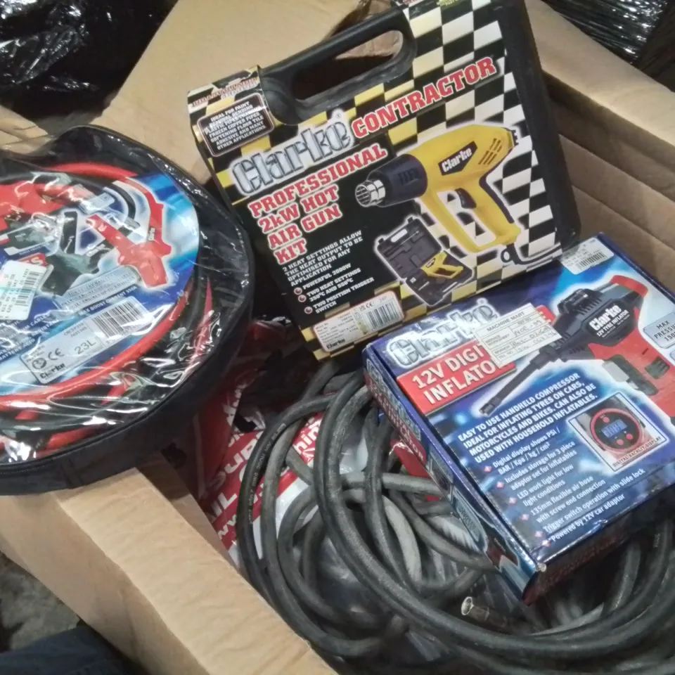 DIY TOOLS BUNDLE – 12V INFLATOR, BOOSTER CABLE SET, HOT AIR GUN KIT WITH CABLES ECT.
