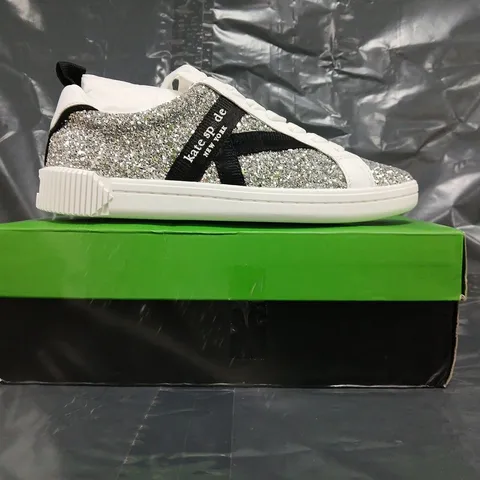 BOXED PAIR OF KATE SPADE SIGNATURE LACE UP SNEAKERS IN SILVER GLITTER SIZE EU 38