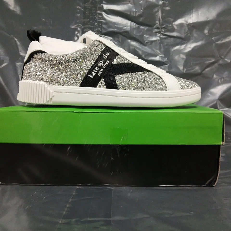 BOXED PAIR OF KATE SPADE SIGNATURE LACE UP SNEAKERS IN SILVER GLITTER SIZE EU 38