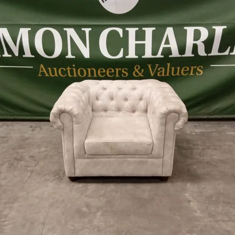 CHESTER CHESTERFIELD LEATHER LOOK ARMCHAIR - PEBBLE
