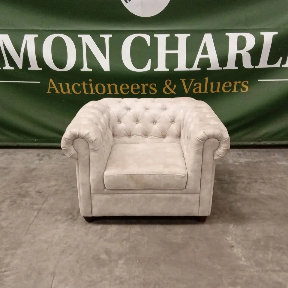 CHESTER CHESTERFIELD LEATHER LOOK ARMCHAIR - PEBBLE RRP £599