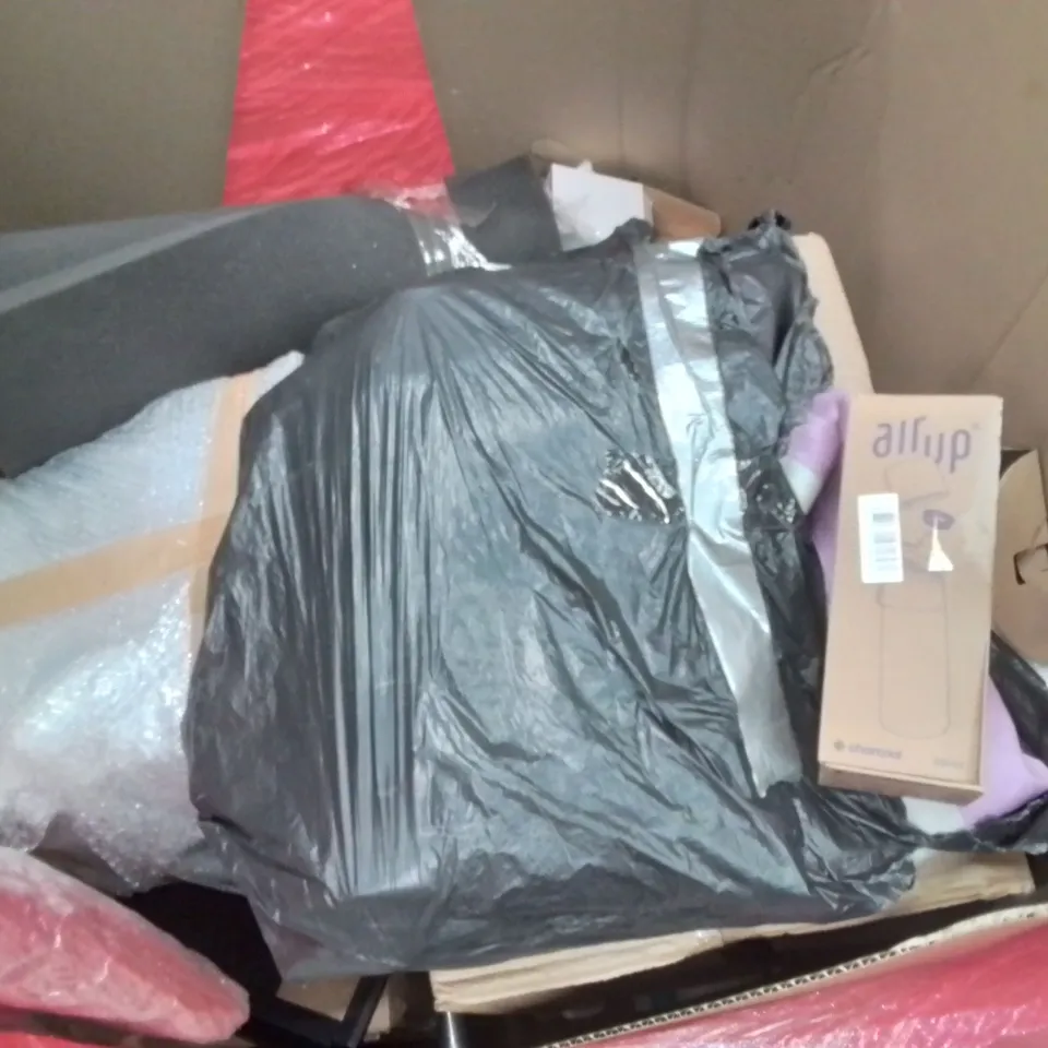 PALLET CONTAINING VARIOUS ASSORTED BOXED HOUSEHOLD ITEMS TO INCLUDE:  AIR BEDS, STORAGE BOXES, AIR UP BOTTLE ETC.