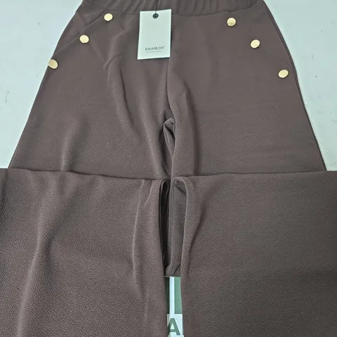 ANAMOR TEXTURED BUTTON DETAIL TROUSERS, CHOCOLATE - SIZE 12