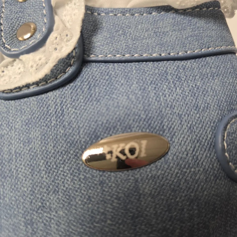 KOI DENIM HANDBAG WITH FROG MOTIF AND LACE TRIM 
