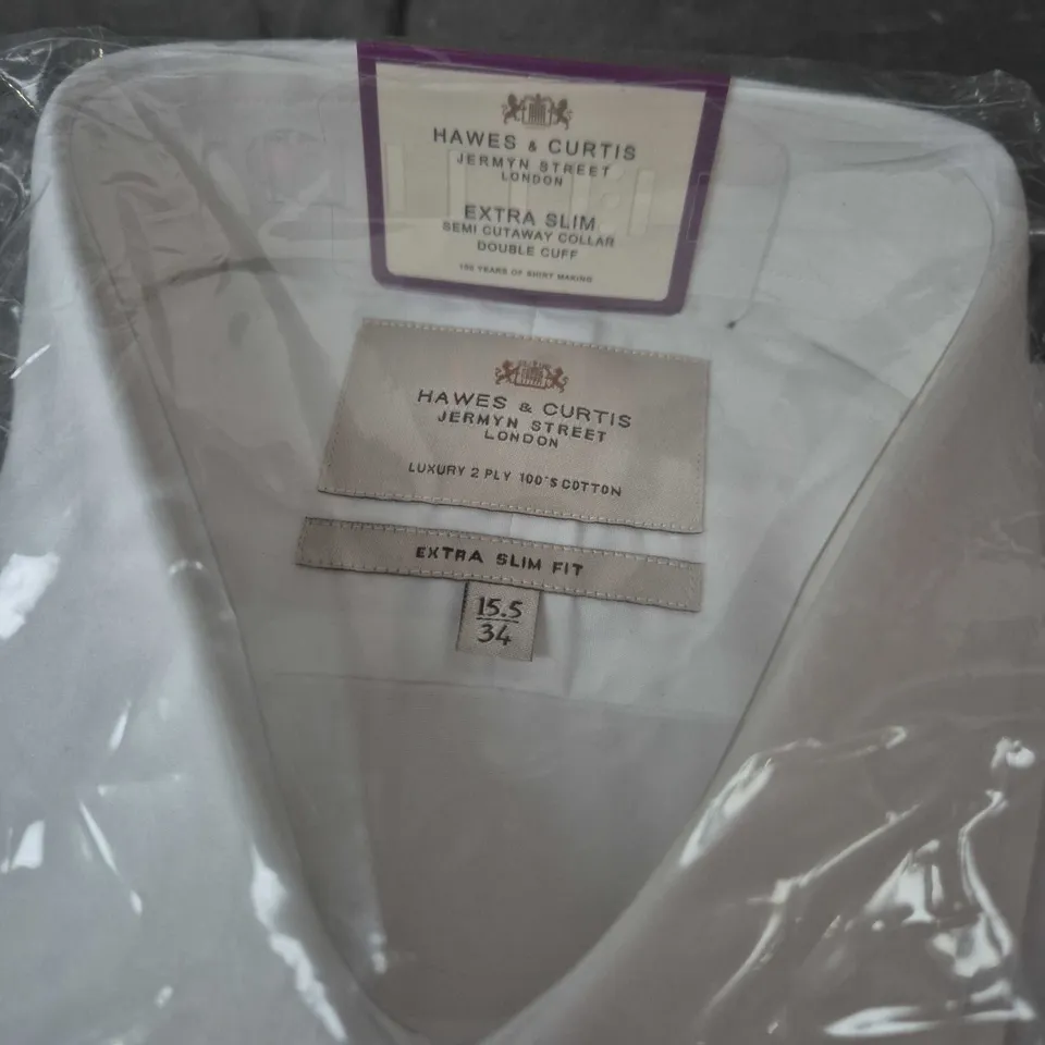 bagged HAWES & CURTIS EXTRA SLIM FIT WHITE SHIRT – NECK 15.5 IN, SLEEVE 34 IN, 2-PLY COTTON (SEMI-CUTAWAY COLLAR, DOUBLE CUFF)