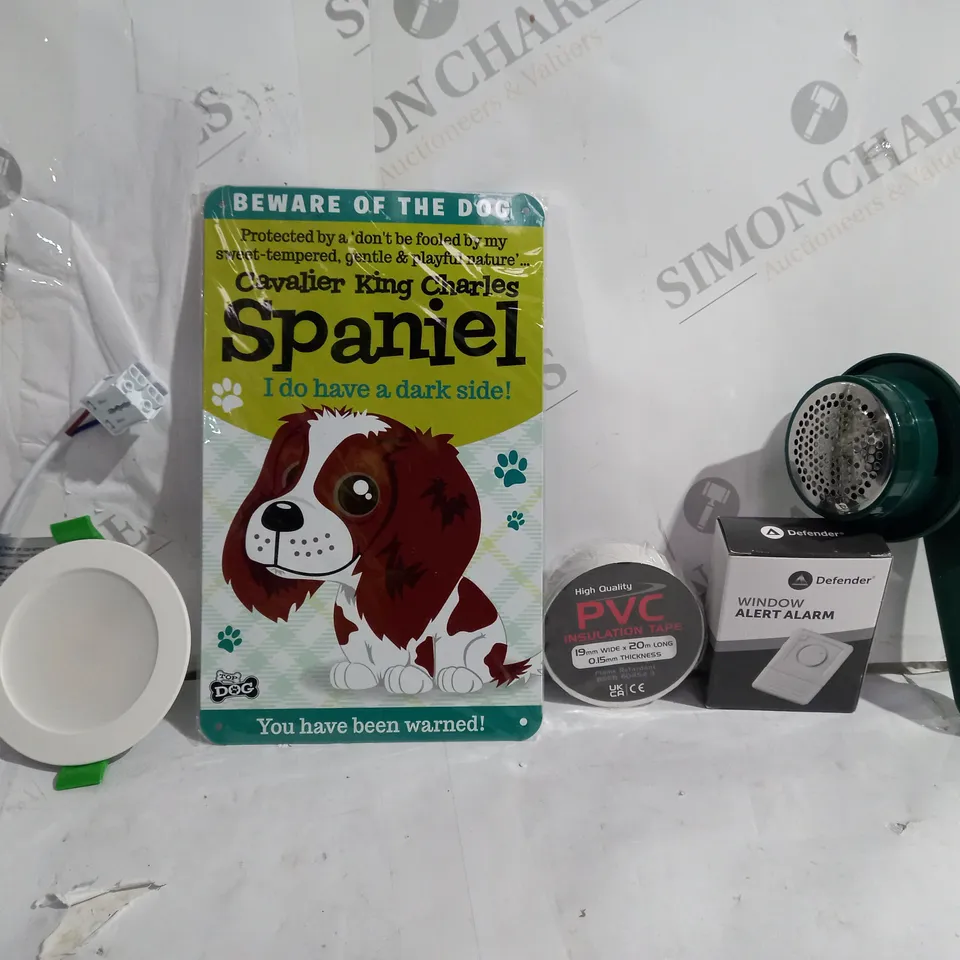 BOX OF APPROXIMATELY 8 ASSORTED ITEMS TO INCLUDE - BOBBLE REMOVER - PVC TAPE - ALERT ALARM ECT