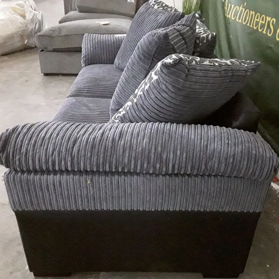 QUALITY DESIGNER 2 SEATER SOFA - GREY CORDUROY/ BLACK FABRIC