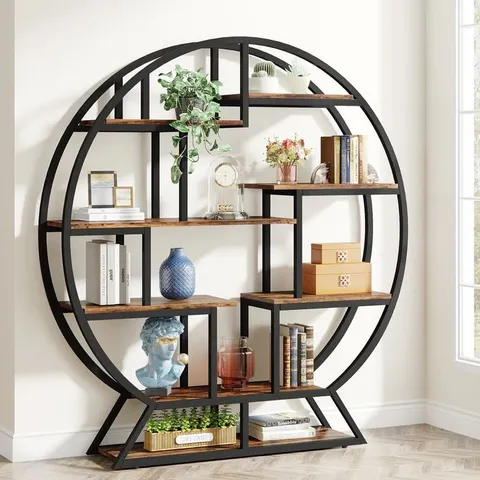 BOXED TRIBESIGNS ROUND BOOKSHELF, 63 INCH ETAGERE BOOKCASE WITH STAGGERED SHELVES