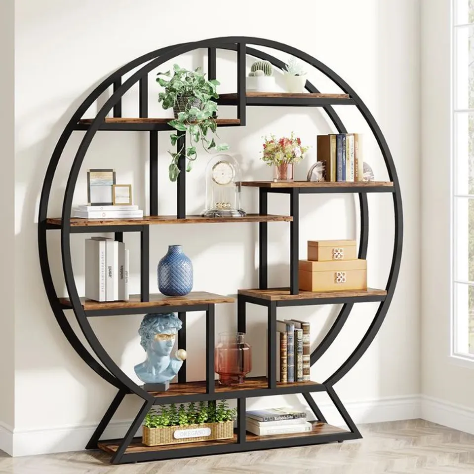 BOXED TRIBESIGNS ROUND BOOKSHELF, 63 INCH ETAGERE BOOKCASE WITH STAGGERED SHELVES