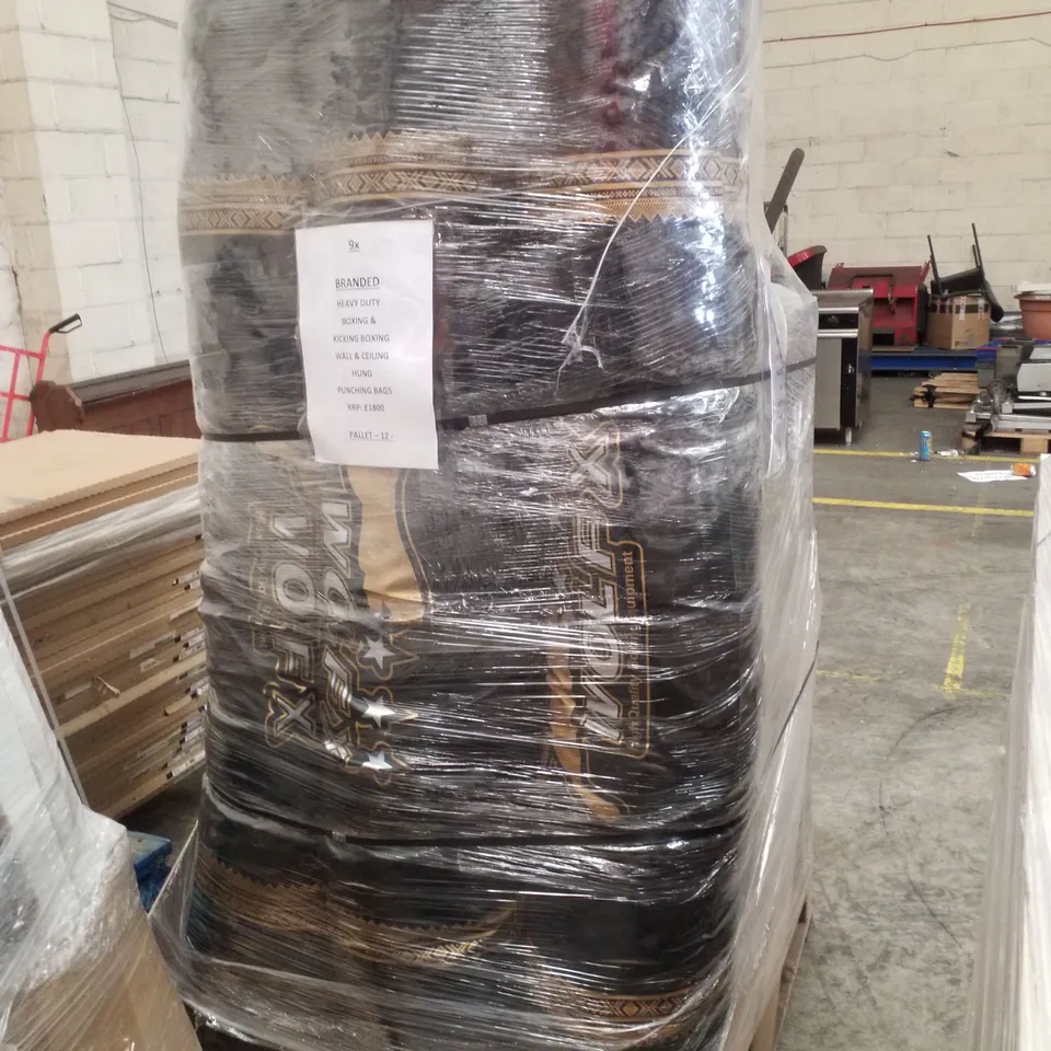 PALLET CONTAINING APPROXIMATELY 9 BRAND NEW HEAVY DUTY BOXING & KICKING WALL & CEILING HUNG PUNCHING BAGS 