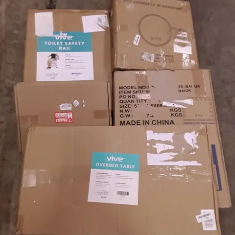 PALLET OF ASSORTED PRODUCTS INCLUDING OVERBED TABLE, FRAMED MIRROR, TOILET SAFETY RAIL, HOLLYWOOD MIRROR, SMART MIRROR