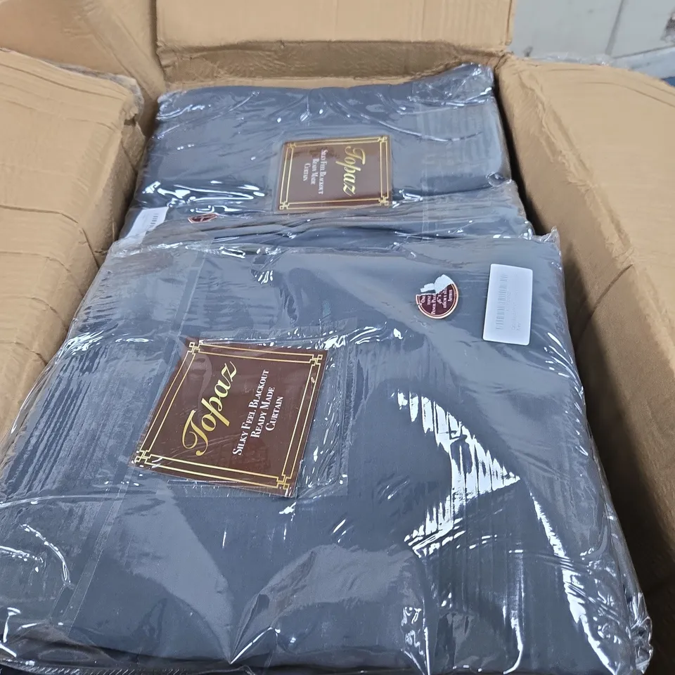 BOX OF APPROXIMATELY 14 X TOPAZ SILKY FEEL BLACKOUT READY MADE CURTAIN – DARK NAVY/CHARCOAL