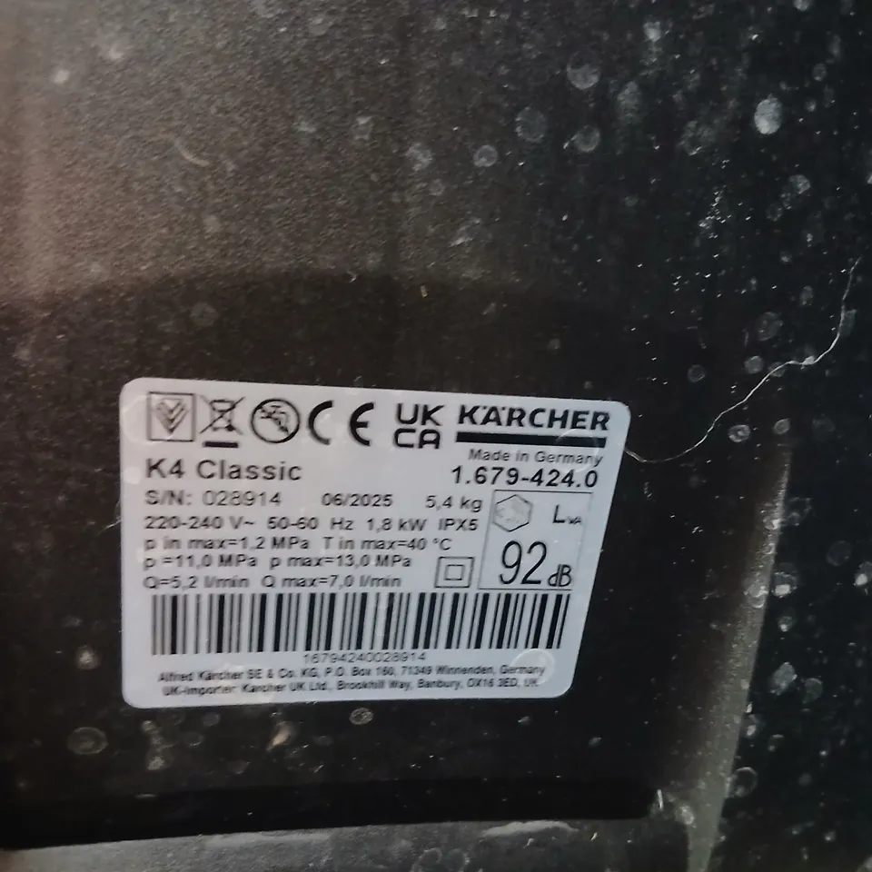 KÄRCHER K4 CLASSIC ELECTRIC PRESSURE WASHER – YELLOW, 220-240V