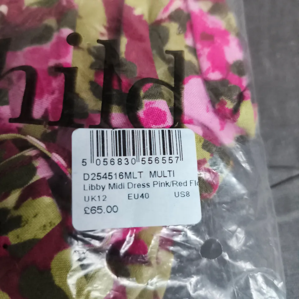 BAGGED NOBODYS CHILD LIBBY MIDI DRESS PINK/RED FLORAL – UK12 (EU40, US8)
