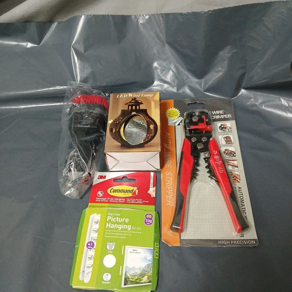 APPROXIMATELY 20 ASSORTED HOUSEHOLD ITEMS TO INCLUDE LED WIND LAMP, WIRE STRIPPER/CRIMPER, PICTURE HANGING STRIPS, VACUUM ATTACHMENT ETC