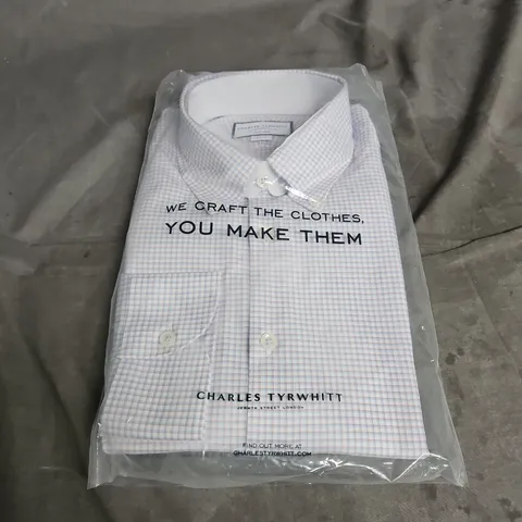 CHARLES TYRWHITT NON-IRON PINPOINT OXFORD BUTTON DOWN EXTRA SLIM FIT SHIRT IN LIGHT BLUE & RED SHADOW CHECK SIZE 16 1/2/34"