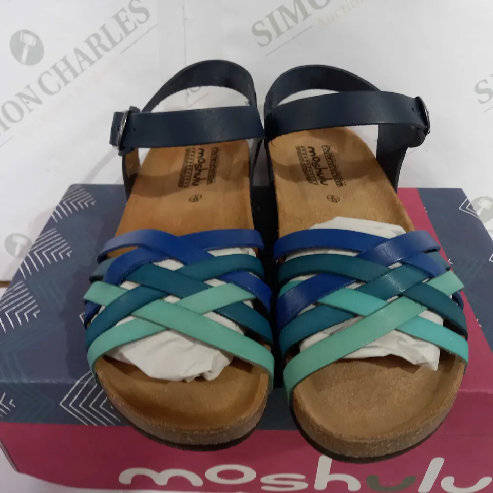 BOXED PAIR OF MOSHULU -'YANTLET' STRAPPY LOW WEDGE SANDALS - INDIGO - SIZE: 6